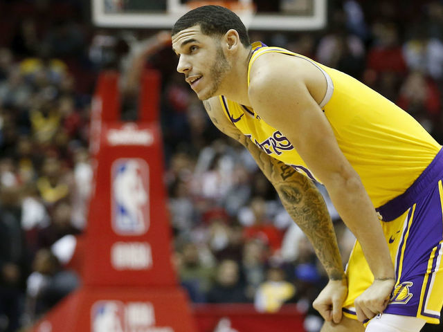 HOUSTON, TX - JANUARY 19: Lonzo Ball #2 of the Los Angeles Lakers reacts after a foul against the Houston Rockets in the first half at Toyota Center on January 19, 2019 in Houston, Texas.
