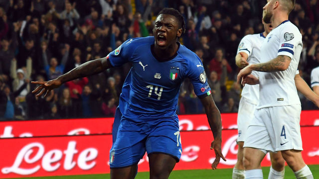 UDINE, ITALY - MARCH 23: Moise Kean of Italy celebrates after scoring his team second goal during the 2020 UEFA European Championships group J qualifying match between Italy and Finland at Stadio Friuli on March 23, 2019 in Udine, Italy.