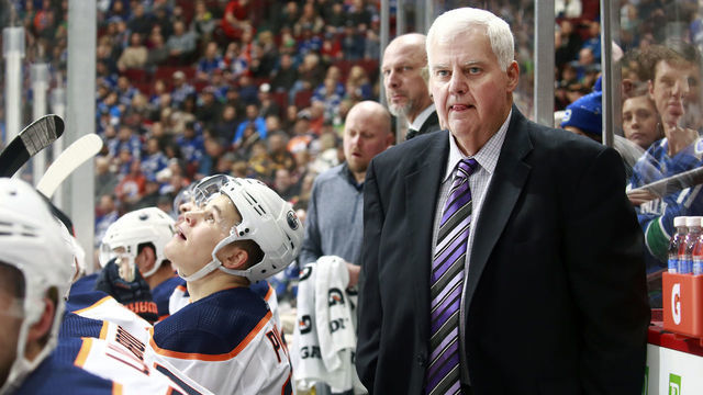 VANCOUVER, BC - DECEMBER 17: Head coach Ken Hitchcock of the Edmonton Oilers looks on from the bench during their NHL game against the Vancouver Canucks at Rogers Arena December 17, 2018 in Vancouver, British Columbia, Canada. 'n