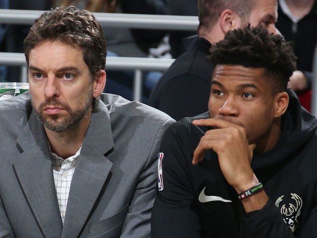MILWAUKEE, WI - MARCH 19: Pau Gasol #17 and Giannis Antetokounmpo #34 of the Milwaukee Bucks look on during a game against the Los Angeles Lakers on March 19, 2019 at the Fiserv Forum Center in Milwaukee, Wisconsin. Mandatory Copyright Notice: Copyright 2019 NBAE .