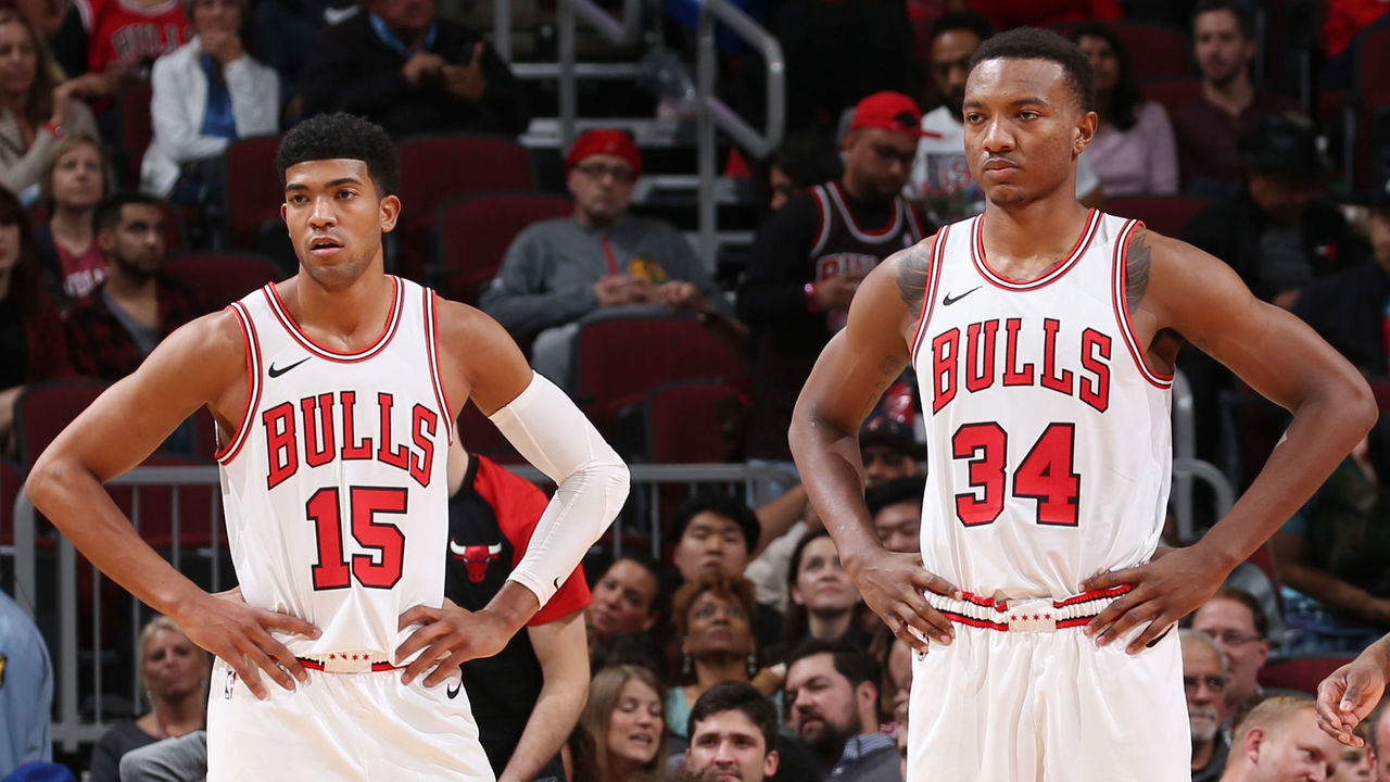 CHICAGO, IL - OCTOBER 10: Chandler Hutchison #15 and Wendell Carter Jr., #34 of the Chicago Bulls look on against the Indiana Pacers during a pre-season game on October 10, 2018 at the United Center in Chicago, Illinois. Mandatory Copyright Notice: Copyright 2018 NBAE