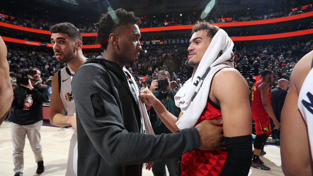 SALT LAKE CITY, UT - FEBRUARY 1: Donovan Mitchell #45 of the Utah Jazz and Trae Young #11 of the Atlanta Hawks talk after a game on February 1, 2019 at vivint.SmartHome Arena in Salt Lake City, Utah. Mandatory Copyright Notice: Copyright 2019 NBAE
