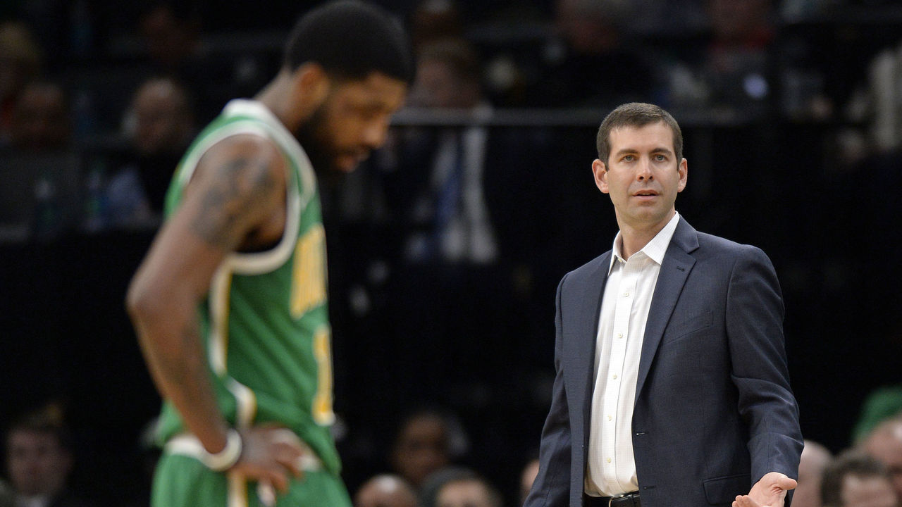 BOSTON, MA - MARCH 18: Head coach Brad Stevens of the Boston Celtics and guard Kyrie Irving search for answers during their 114-105 loss to the Denver Nuggets at TD Garden in Boston, Massachusetts on March 18, 2019. (Staff Photo By Christopher Evans/MediaNews Group/Boston Herald via Getty Images)