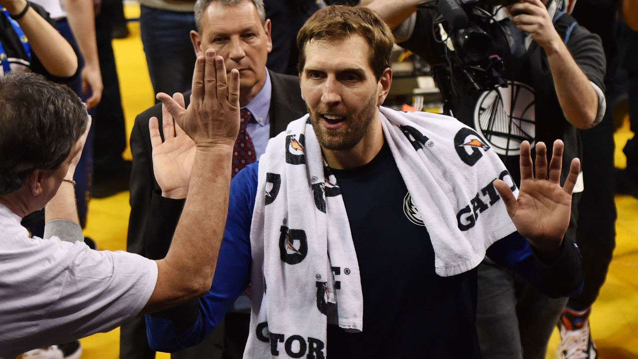 OAKLAND, CA - MARCH 23: Dirk Nowitzki #41 of the Dallas Mavericks exits the arena after a game against the Golden State Warriors on March 23, 2019 at ORACLE Arena in Oakland, California. NOTE TO USER: User expressly acknowledges and agrees that, by downloading and or using this photograph, user is consenting to the terms and conditions of Getty Images License Agreement. Mandatory Copyright Notice: Copyright 2019 NBAE