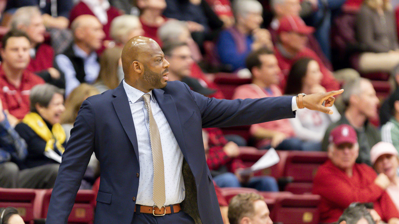 PALO ALTO, CA - MARCH 07: California Golden Bears head coach Wyking Jones instructs his team during the men's college basketball game between the California Golden Bears and Stanford Cardinal on March 7, 2019 at Maples Pavilion in Palo Alto, CA.