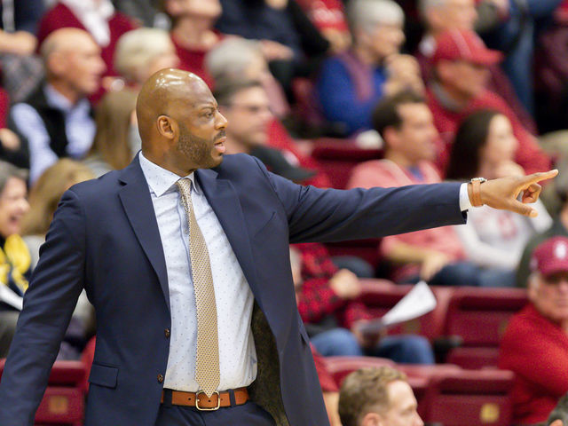 PALO ALTO, CA - MARCH 07: California Golden Bears head coach Wyking Jones instructs his team during the men's college basketball game between the California Golden Bears and Stanford Cardinal on March 7, 2019 at Maples Pavilion in Palo Alto, CA.