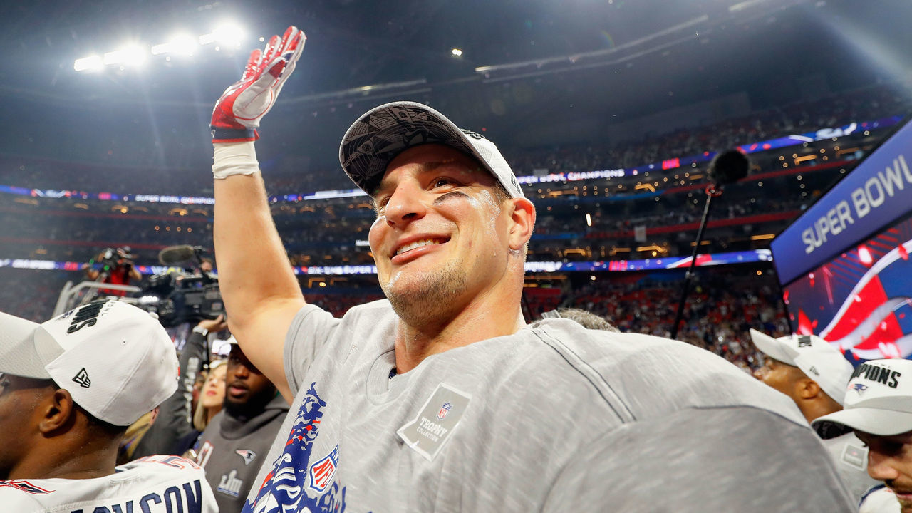 ATLANTA, GA - FEBRUARY 03: Rob Gronkowski #87 of the New England Patriots celebrates his team's victory in the Super Bowl LIII at Mercedes-Benz Stadium on February 3, 2019 in Atlanta, Georgia. The New England Patriots defeat the Los Angeles Rams 13-3.