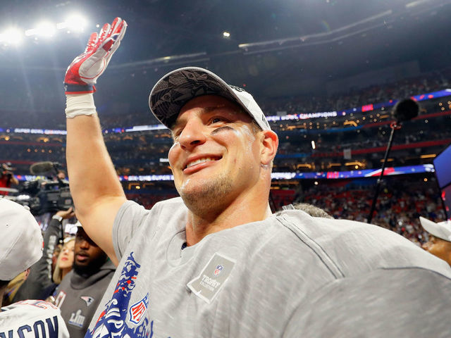 ATLANTA, GA - FEBRUARY 03: Rob Gronkowski #87 of the New England Patriots celebrates his team's victory in the Super Bowl LIII at Mercedes-Benz Stadium on February 3, 2019 in Atlanta, Georgia. The New England Patriots defeat the Los Angeles Rams 13-3.