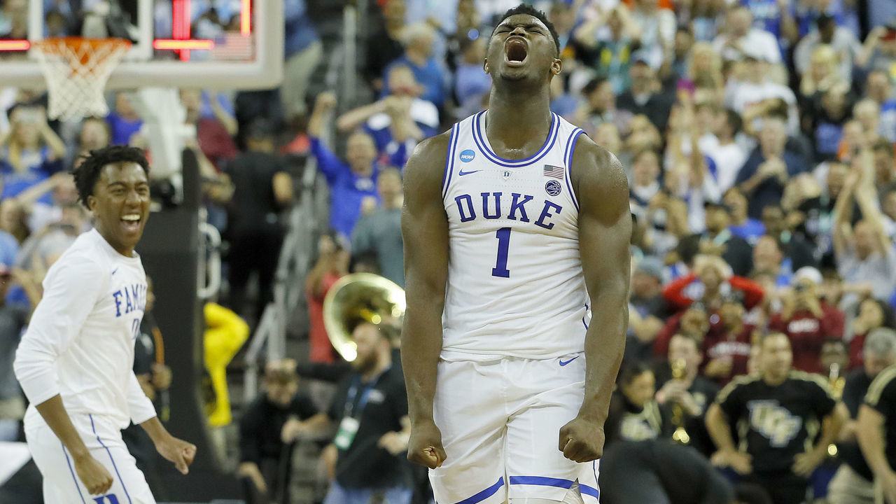 COLUMBIA, SOUTH CAROLINA - MARCH 24: Zion Williamson #1 of the Duke Blue Devils celebrates with his teammates after defeating the UCF Knights in the second round game of the 2019 NCAA Men's Basketball Tournament at Colonial Life Arena on March 24, 2019 in Columbia, South Carolina.