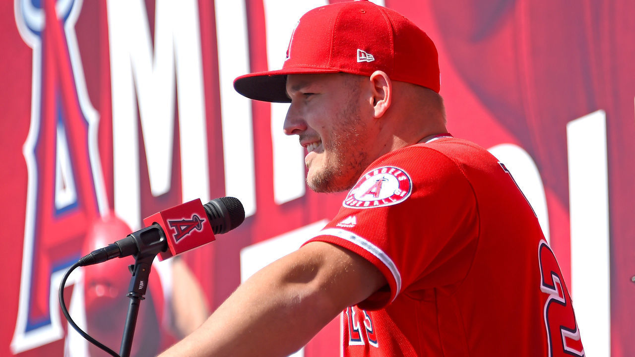 ANAHEIM, CA - MARCH 24: Mike Trout #27 of the Los Angeles Angels of Anaheim speaks at a press conference after he agreed to the terms of a 12-year, $430 million contract extension at Angel Stadium of Anaheim on March 24, 2019 in Anaheim, California.