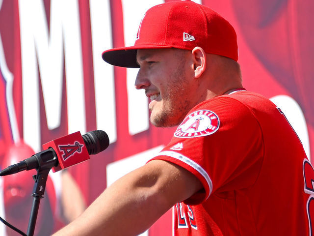 ANAHEIM, CA - MARCH 24: Mike Trout #27 of the Los Angeles Angels of Anaheim speaks at a press conference after he agreed to the terms of a 12-year, $430 million contract extension at Angel Stadium of Anaheim on March 24, 2019 in Anaheim, California.