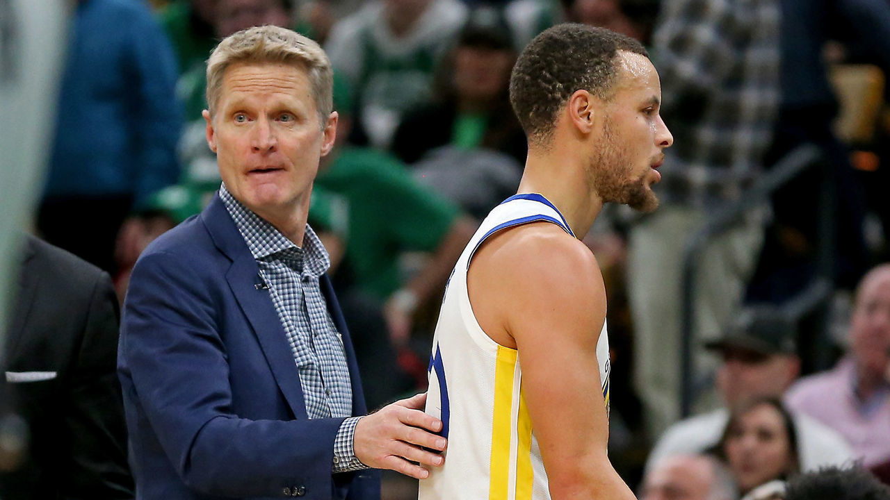 BOSTON MA. - JANUARY 26: Steve Kerr of the Golden State Warriors leads Stephen Curry #30 of the Golden State Warriors to the bench as the Celtics take on the Warriors at the Garden on January 26, 2019 in Boston, MA. (Staff Photo By Stuart Cahill/MediaNews Group/Boston Herald)
