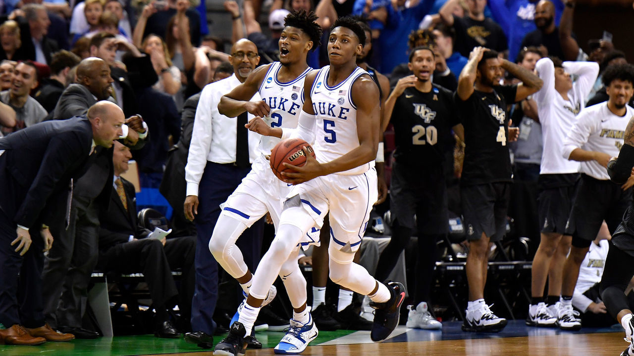 COLUMBIA, SC - MARCH 24: (EDITORS NOTE: Retransmission with alternate crop.) Cam Reddish #2 and RJ Barrett #5 of the Duke Blue Devils celebrate following their 77-76 win against the Central Florida Knights during the second round of the 2019 NCAA Men's Basketball Tournament at Colonial Life Arena on March 24, 2019 in Columbia, South Carolina.