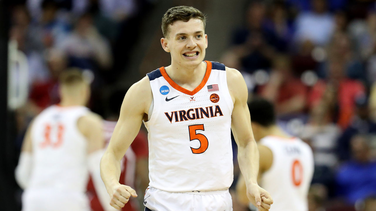 COLUMBIA, SOUTH CAROLINA - MARCH 24: Kyle Guy #5 of the Virginia Cavaliers reacts against the Oklahoma Sooners during the first half in the second round game of the 2019 NCAA Men's Basketball Tournament at Colonial Life Arena on March 24, 2019 in Columbia, South Carolina.
