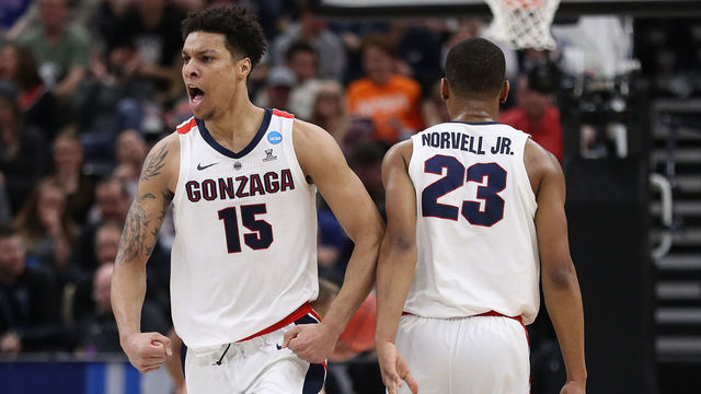 SALT LAKE CITY, UTAH - MARCH 23: Brandon Clarke #15 of the Gonzaga Bulldogs react to a play against the Baylor Bears during their game in the Second Round of the NCAA Basketball Tournament at Vivint Smart Home Arena on March 23, 2019 in Salt Lake City, Utah.