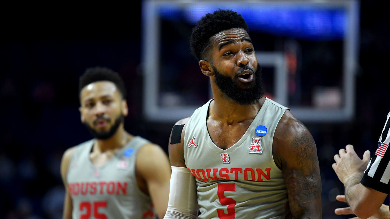 TULSA, OKLAHOMA - MARCH 24: Corey Davis Jr. #5 of the Houston Cougars reacts to his foul during the first half of the second round game of the 2019 NCAA Men's Basketball Tournament against the Ohio State Buckeyes at BOK Center on March 24, 2019 in Tulsa, Oklahoma.