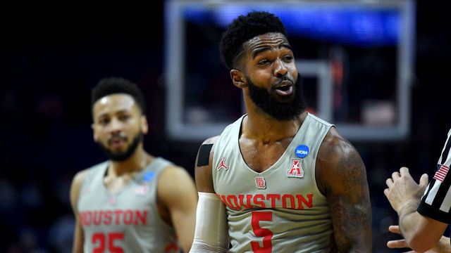 TULSA, OKLAHOMA - MARCH 24: Corey Davis Jr. #5 of the Houston Cougars reacts to his foul during the first half of the second round game of the 2019 NCAA Men's Basketball Tournament against the Ohio State Buckeyes at BOK Center on March 24, 2019 in Tulsa, Oklahoma.