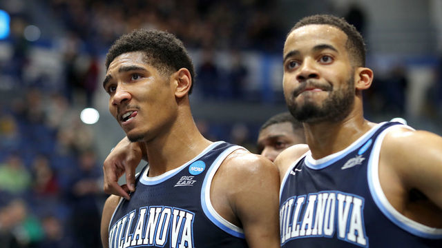 HARTFORD, CONNECTICUT - MARCH 23: Jermaine Samuels #23 and Phil Booth #5 of the Villanova Wildcats reacts after their teams loss to the Purdue Boilermakers during the second round of the 2019 NCAA Men's Basketball Tournament at XL Center on March 23, 2019 in Hartford, Connecticut.