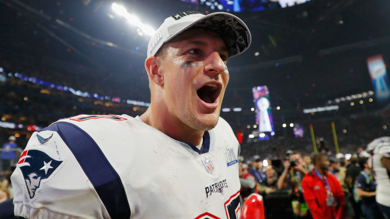 ATLANTA, GA - FEBRUARY 03: Rob Gronkowski #87 of the New England Patriots celebrates his team's victory in the Super Bowl LIII at Mercedes-Benz Stadium on February 3, 2019 in Atlanta, Georgia. The New England Patriots defeat the Los Angeles Rams 13-3.