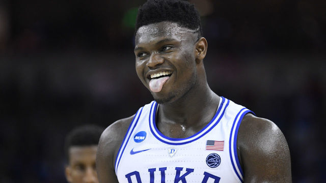 COLUMBIA, SC - MARCH 24: Zion Williamson #1 of the Duke Blue Devils reacts during their game against the UCF Knights in the second round of the 2019 NCAA Men's Basketball Tournament held at Colonial Life Arena on March 24, 2019 in Columbia, South Carolina.