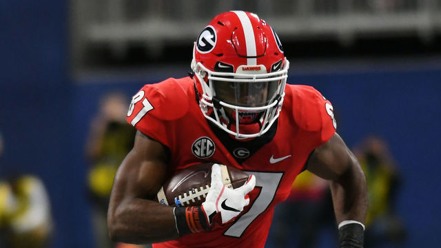 ATLANTA, GA - DECEMBER 01: Georgia Bulldogs Wide Receiver Tyler Simmons (87) rushes the ball during the SEC Championship between the Alabama Crimson Tide and the Georgia Bulldogs on December 01, 2018, at Mercedes-Benz Stadium in Atlanta, GA.