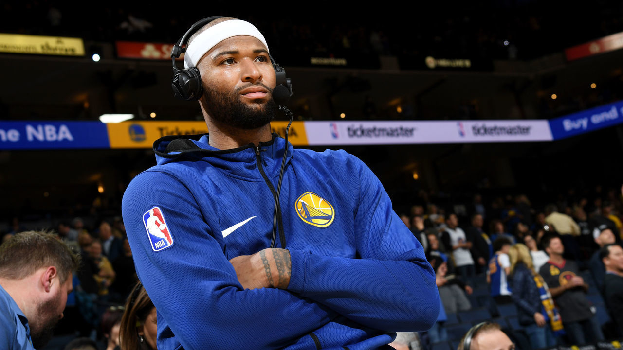 OAKLAND, CA - MARCH 21: DeMarcus Cousins #0 of the Golden State Warriors speaks with the media after the game against the Indiana Pacers on March 21, 2019 at ORACLE Arena in Oakland, California. NOTE TO USER: User expressly acknowledges and agrees that, by downloading and or using this photograph, user is consenting to the terms and conditions of Getty Images License Agreement. Mandatory Copyright Notice: Copyright 2019 NBAE