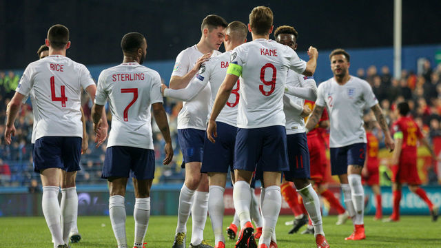 PODGORICA, MONTENEGRO - MARCH 25: Englands team celebrating a goal during the 2020 UEFA European Championships group A qualifying match between Montenegro and England at Podgorica City Stadium on March 25, 2019 in Podgorica, Montenegro.