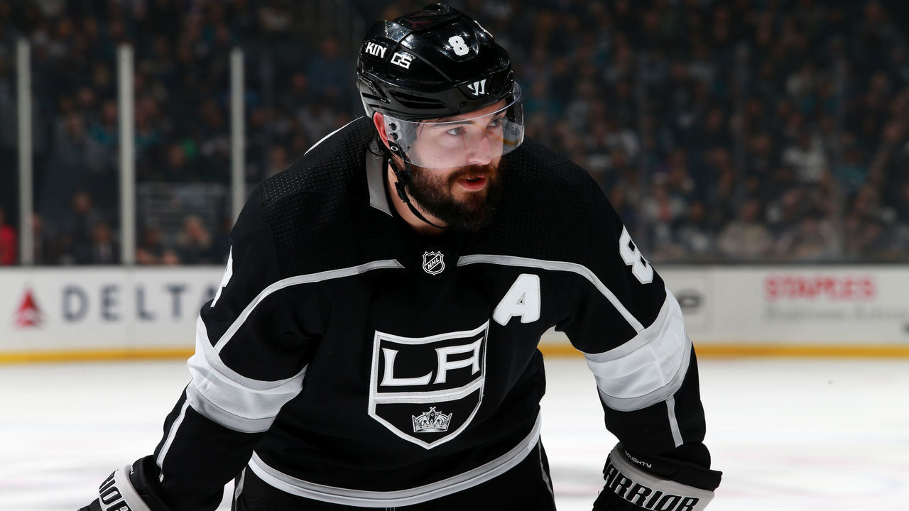 LOS ANGELES, CA - MARCH 21: Drew Doughty waits for play to resume during the second period of the game against the San Jose Sharks at STAPLES Center on March 21, 2019 in Los Angeles, California.