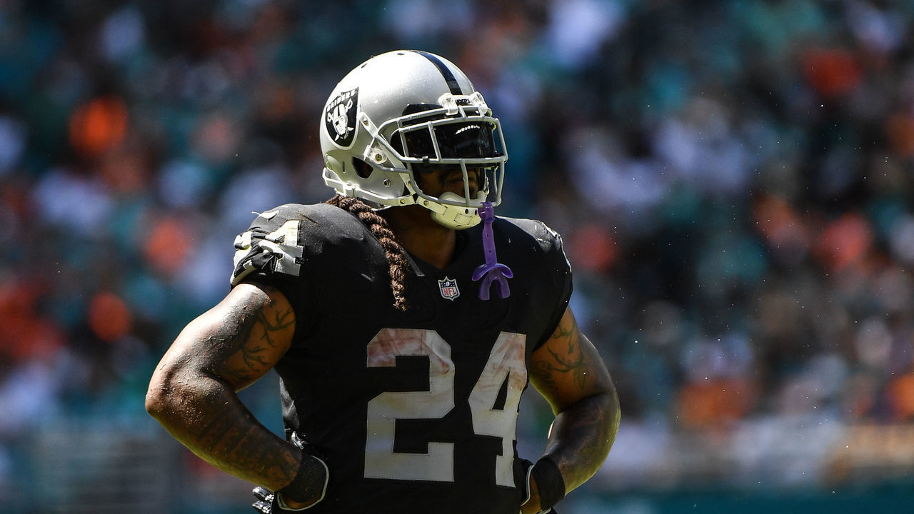 MIAMI, FL - SEPTEMBER 23: Marshawn Lynch #24 of the Oakland Raiders in action against the Miami Dolphins at Hard Rock Stadium on September 23, 2018 in Miami, Florida.
