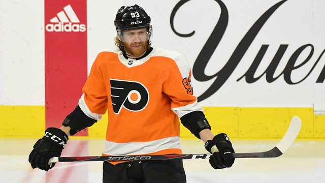 PHILADELPHIA, PA - MARCH 19: Philadelphia Flyers Right Wing Jakub Voracek (93) waits for play to begin during the game between the Montreal Canadiens and the Philadelphia Flyers on March 19, 2019 at Wells Fargo Center in Philadelphia, PA.