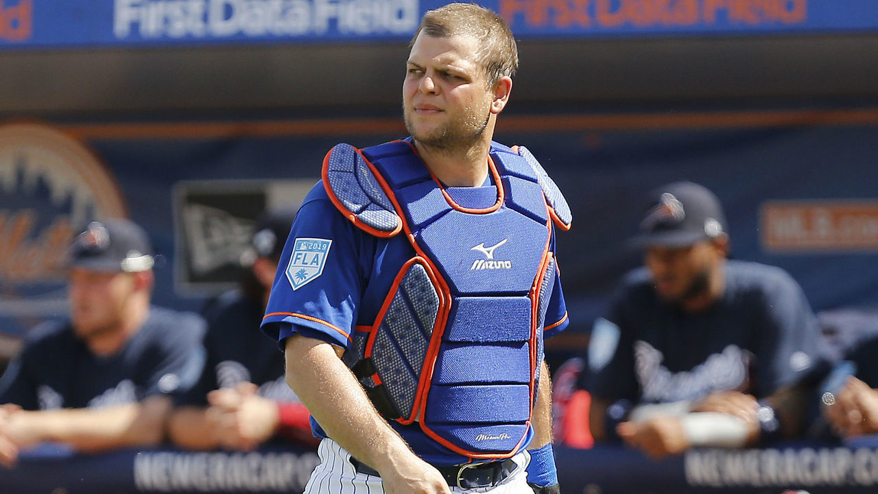 PORT ST. LUCIE, FLORIDA - FEBRUARY 23: Devin Mesoraco #29 of the New York Mets looks on against the Atlanta Braves during the Grapefruit League spring training game at First Data Field on February 23, 2019 in Port St. Lucie, Florida.