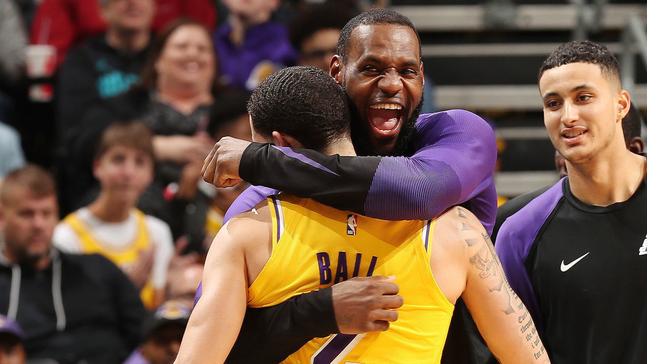 CHARLOTTE, NC - DECEMBER 15: Lonzo Ball #2 and LeBron James #23 of the Los Angeles Lakers react against the Charlotte Hornets on December 15, 2018 at Spectrum Center in Charlotte, North Carolina. Mandatory Copyright Notice: Copyright 2018 NBAE