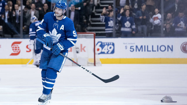 TORONTO, ON - MARCH 25: Toronto Maple Leafs Center John Tavares (91) celebrates after scoring a hat trick during the second period of the NHL regular season game between the Florida Panthers and the Toronto Maple Leafs on March 25, 2019, at Scotiabank Arena in Toronto, ON, Canada.