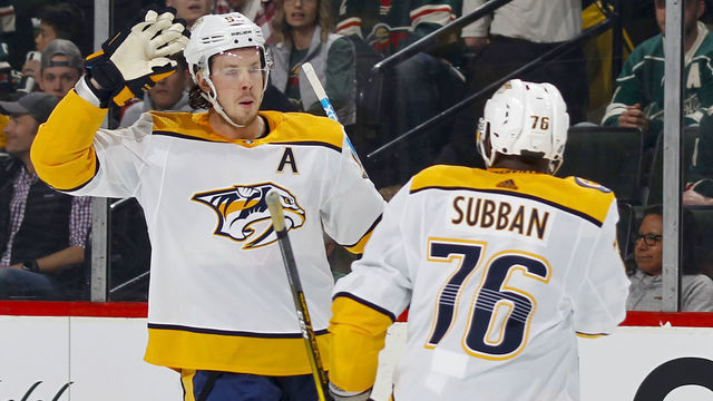 ST. PAUL, MN - MARCH 25: Ryan Johansen #92 of the Nashville Predators celebrates his 1st period shorthanded goal with P.K. Subban #76 of the Nashville Predators during a game with the Minnesota Wild at Xcel Energy Center on March 25, 2019 in St. Paul, Minnesota.