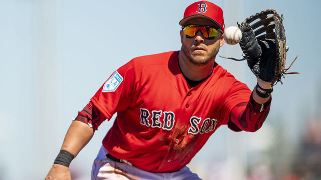 FT. MYERS, FL - MARCH 6: Steve Pearce #25 of the Boston Red Sox fields a ground ball during the first inning of a game against the Pittsburgh Pirates on March 6, 2019 at JetBlue Park at Fenway South in Fort Myers, Florida.