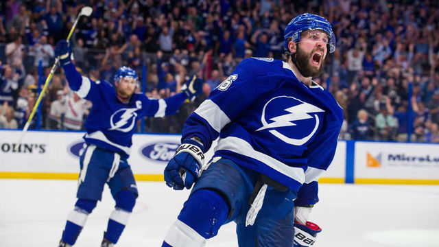 TAMPA, FL - MARCH 25: Nikita Kucherov #86 of the Tampa Bay Lightning celebrates his goal against the Boston Bruins during the third period at Amalie Arena on March 25, 2019 in Tampa, Florida.