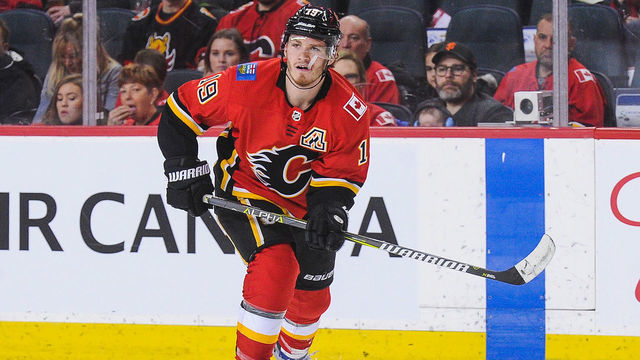 CALGARY, AB - FEBRUARY 18: Matthew Tkachuk #19 of the Calgary Flames in action against the Arizona Coyotes during an NHL game at Scotiabank Saddledome on February 18, 2019 in Calgary, Alberta, Canada.