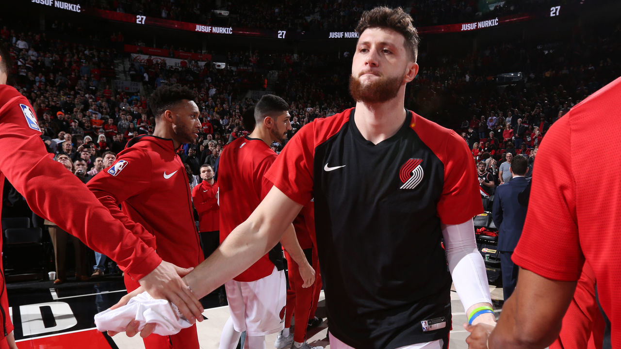 PORTLAND, OR - MARCH 25: Jusuf Nurkic #27 of the Portland Trail Blazers is introduced before the game against the Brooklyn Nets on March 25, 2019 at the Moda Center in Portland, Oregon. NOTE TO USER: User expressly acknowledges and agrees that, by downloading and/or using this photograph, user is consenting to the terms and conditions of the Getty Images License Agreement. Mandatory Copyright Notice: Copyright 2019 NBAE