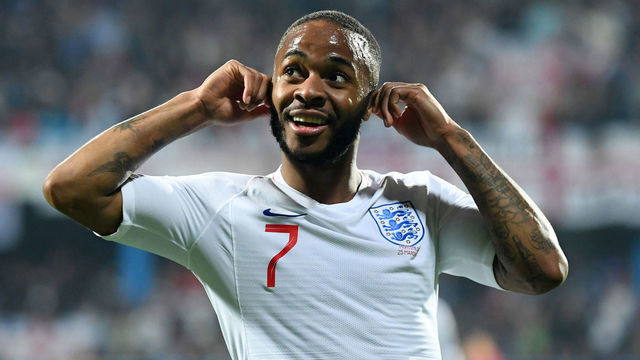 PODGORICA, MONTENEGRO - MARCH 25: Raheem Sterling of England celebrates after scoring his team's fifth goal during the 2020 UEFA European Championships Group A qualifying match between Montenegro and England at Podgorica City Stadium on March 25, 2019 in Podgorica, Montenegro.
