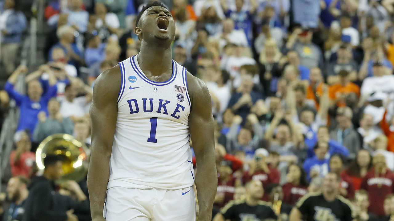 COLUMBIA, SOUTH CAROLINA - MARCH 24: Zion Williamson #1 of the Duke Blue Devils celebrates with his teammates after defeating the UCF Knights in the second round game of the 2019 NCAA Men's Basketball Tournament at Colonial Life Arena on March 24, 2019 in Columbia, South Carolina.