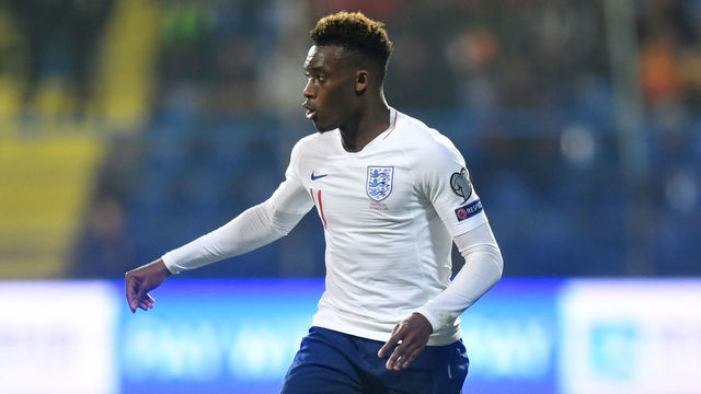 PODGORICA, MONTENEGRO - MARCH 25: Callum Hudson-Odoi of England runs with the ball during the 2020 UEFA European Championships Group A qualifying match between Montenegro and England at Podgorica City Stadium on March 25, 2019 in Podgorica, Montenegro.