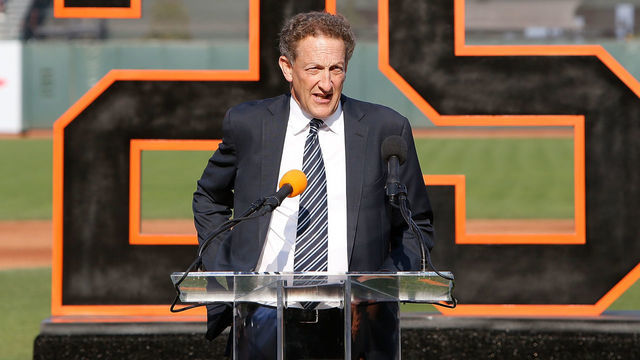 SAN FRANCISCO, CA - AUGUST 11: San Francisco Giants CEO Larry Baer addresses the crowd during a ceremony to retire Barry Bond's number 25 jersey at AT&T Park on August 11, 2018 in San Francisco, California.