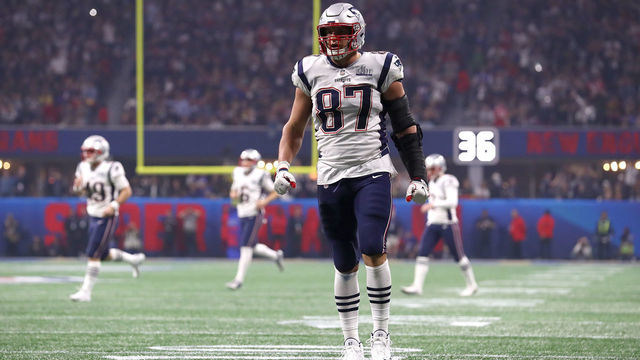 ATLANTA, GEORGIA - FEBRUARY 03: Rob Gronkowski #87 of the New England Patriots reacts against the Los Angeles Rams during the second half during Super Bowl LIII at Mercedes-Benz Stadium on February 03, 2019 in Atlanta, Georgia.