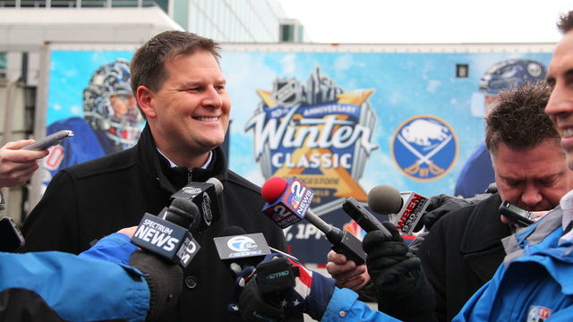 BUFFALO, NY - DECEMBER 15: Buffalo Sabres general manager Jason Botterill speaks to media as the 2018 Bridgestone NHL Winter Classic Ice Plant makes a stop on December 15, 2017 at KeyBank Center, home of the Sabres, in Buffalo, New York. The game will be played between the Sabres and New York Rangers on January 1, 2018 at CitiField in New York City.