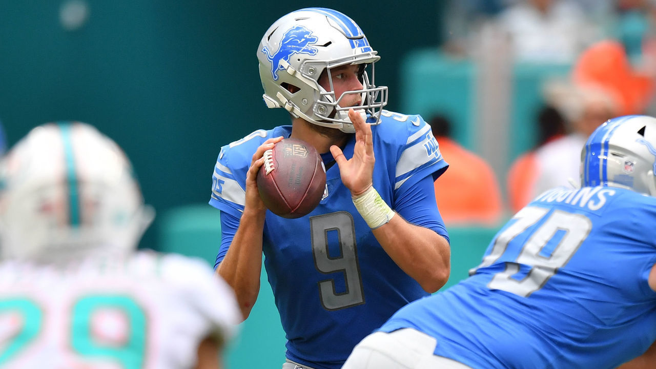 MIAMI, FL - OCTOBER 21: Matthew Stafford #9 of the Detroit Lions in action against the Miami Dolphins at Hard Rock Stadium on October 21, 2018 in Miami, Florida.