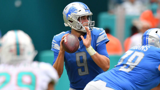 MIAMI, FL - OCTOBER 21: Matthew Stafford #9 of the Detroit Lions in action against the Miami Dolphins at Hard Rock Stadium on October 21, 2018 in Miami, Florida.