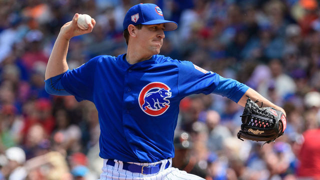 MESA, ARIZONA - MARCH 21: Kyle Hendricks #28 of the Chicago Cubs delivers a pitch during the spring training game against the San Francisco Giants at Sloan Park on March 21, 2019 in Mesa, Arizona.