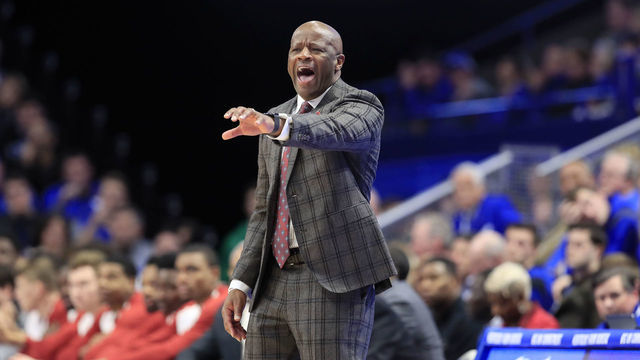 LEXINGTON, KENTUCKY - FEBRUARY 26: Mike Anderson the head coach of the Arkansas Razorbacks gives instructions to his team against the Kentucky Wildcats at Rupp Arena on February 26, 2019 in Lexington, Kentucky.