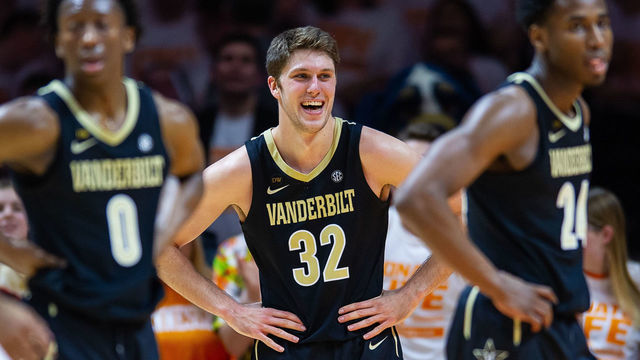 KNOXVILLE, TN - FEBRUARY 19: Vanderbilt Commodores forward Matt Ryan (32) reacts to a call during a college basketball game between the Tennessee Volunteers and Vanderbilt Commodores on February 19, 2019, at Thompson-Boling Arena in Knoxville, TN.
