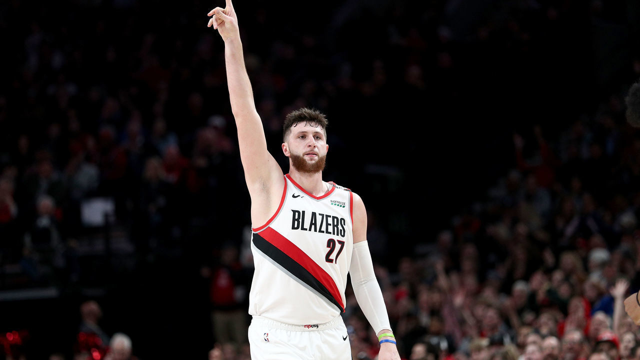 PORTLAND, OR - MARCH 25: Jusuf Nurkic #27 of the Portland Trail Blazers celebrates after making a three point basket in the fourth quarter against the Brooklyn Nets during their game at Moda Center on March 25, 2019 in Portland, Oregon.